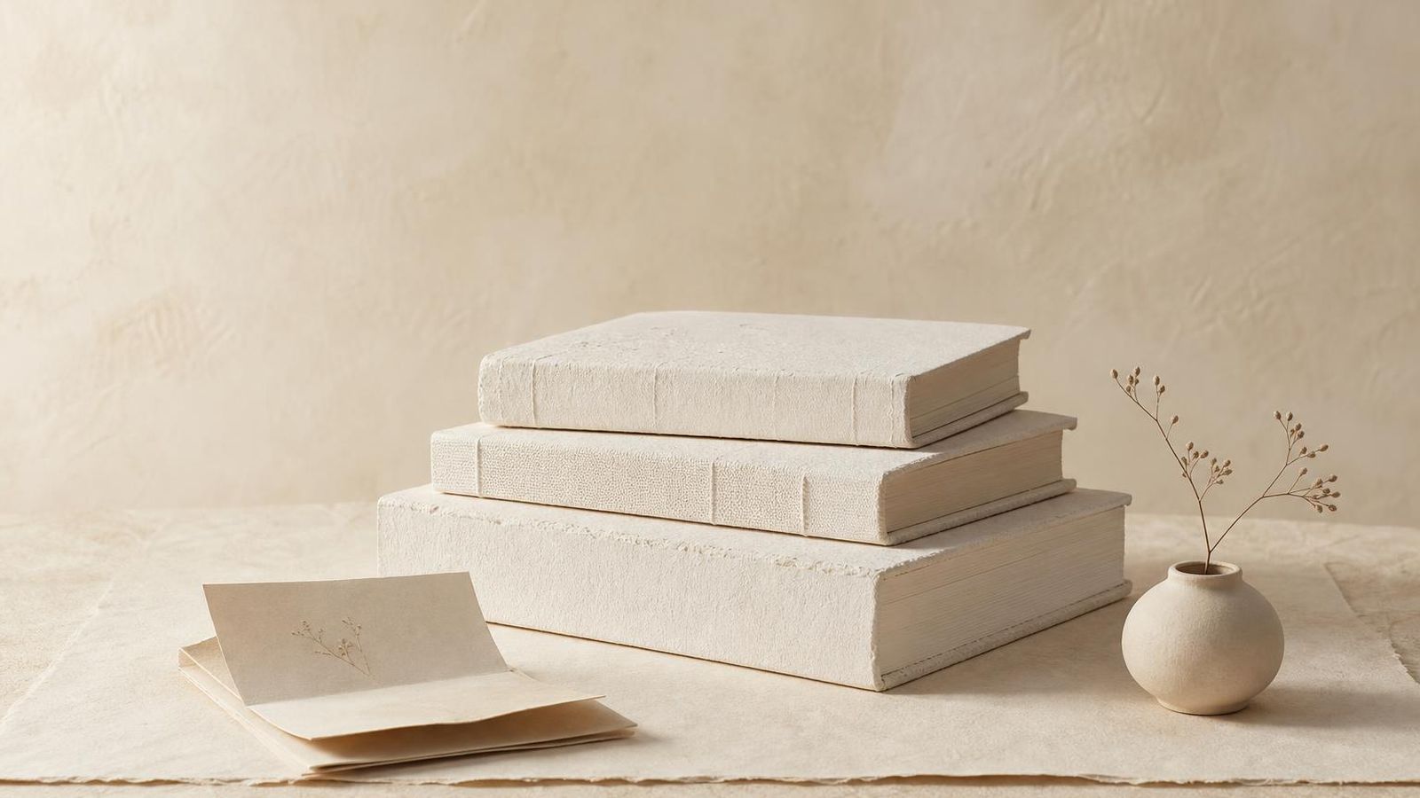 Stacked clay-white books and a folded reading note on a paper-toned surface