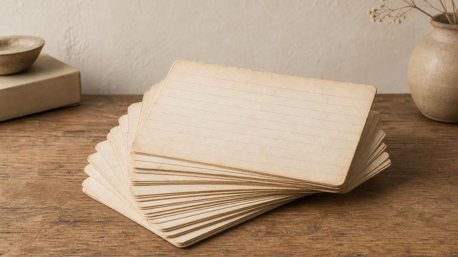 Dated index cards stacked in a soft fan on a wooden table