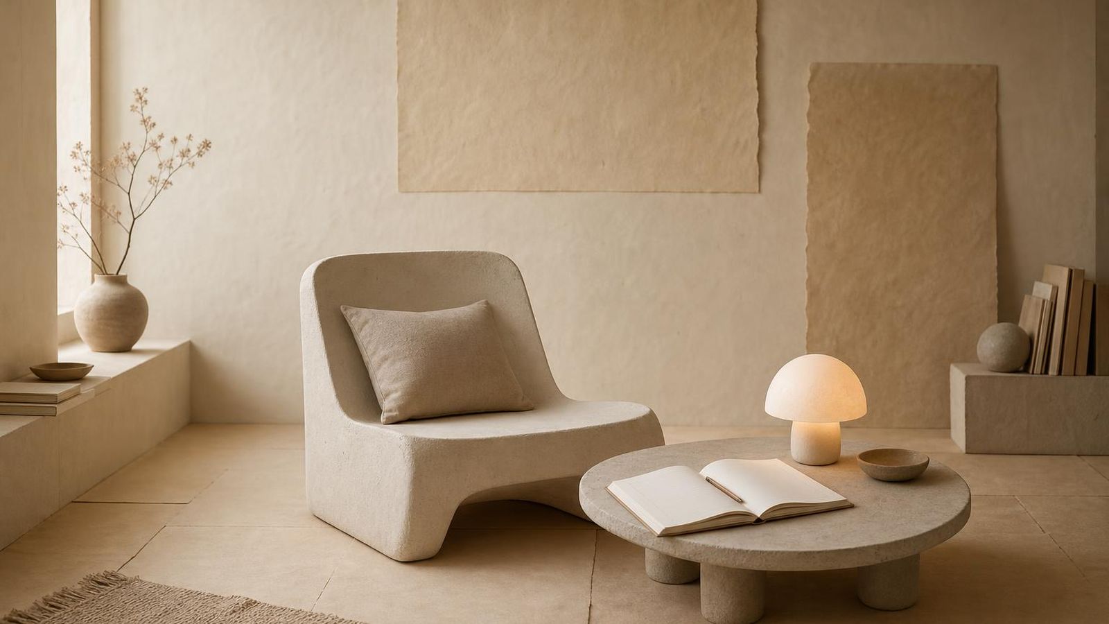 A quiet study room with a clay-white chair, an open notebook, and a low table lamp
