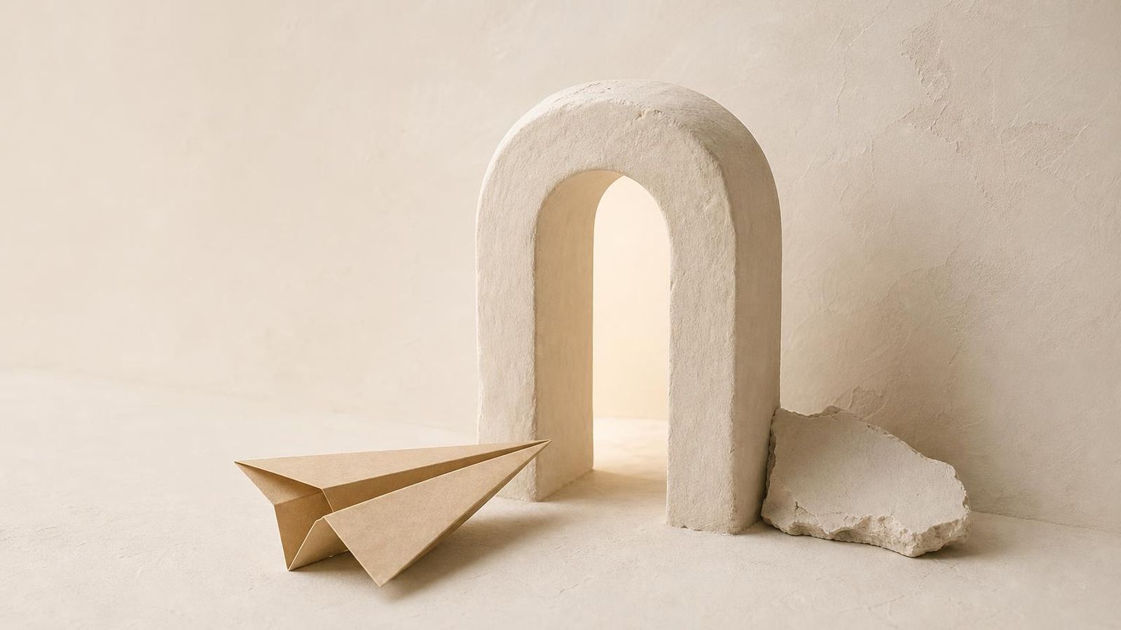 A folded paper plane resting beside a small clay-white doorway
