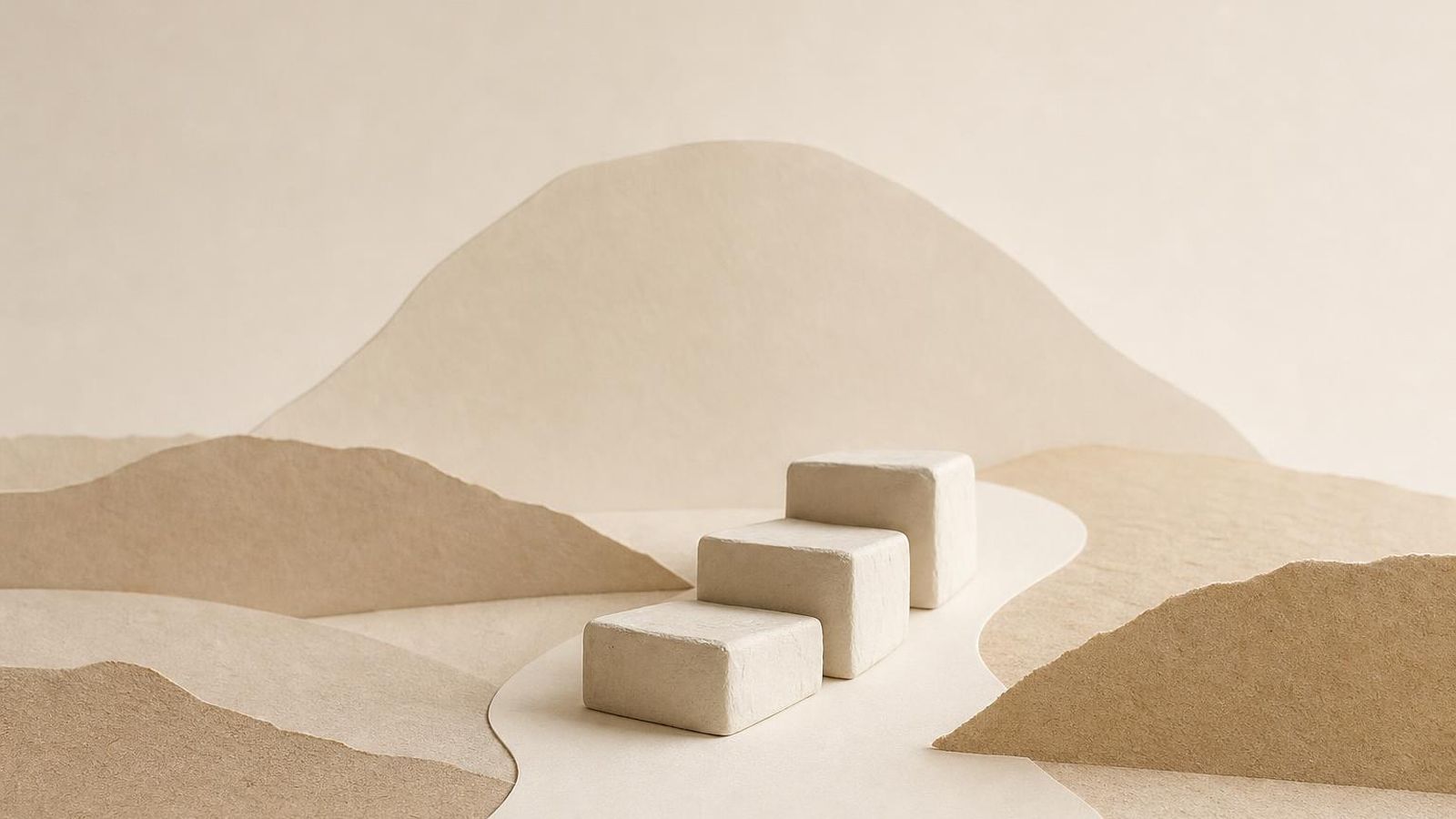 Three small clay-white stair blocks ascending across a paper landscape