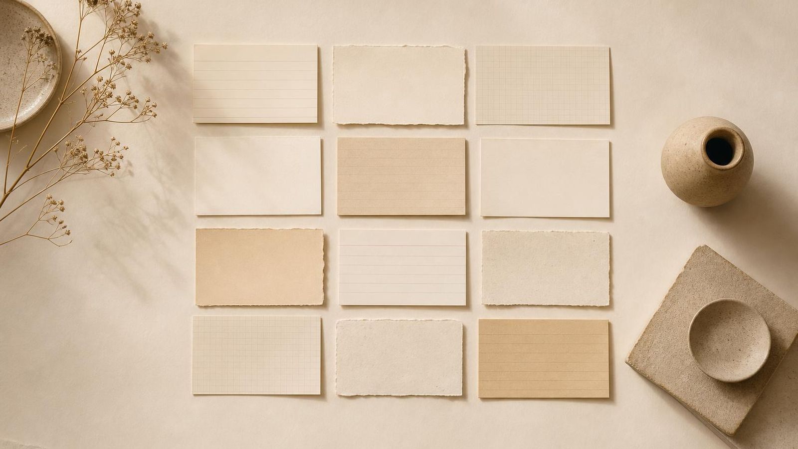 Index cards laid out in a soft grid on warm paper