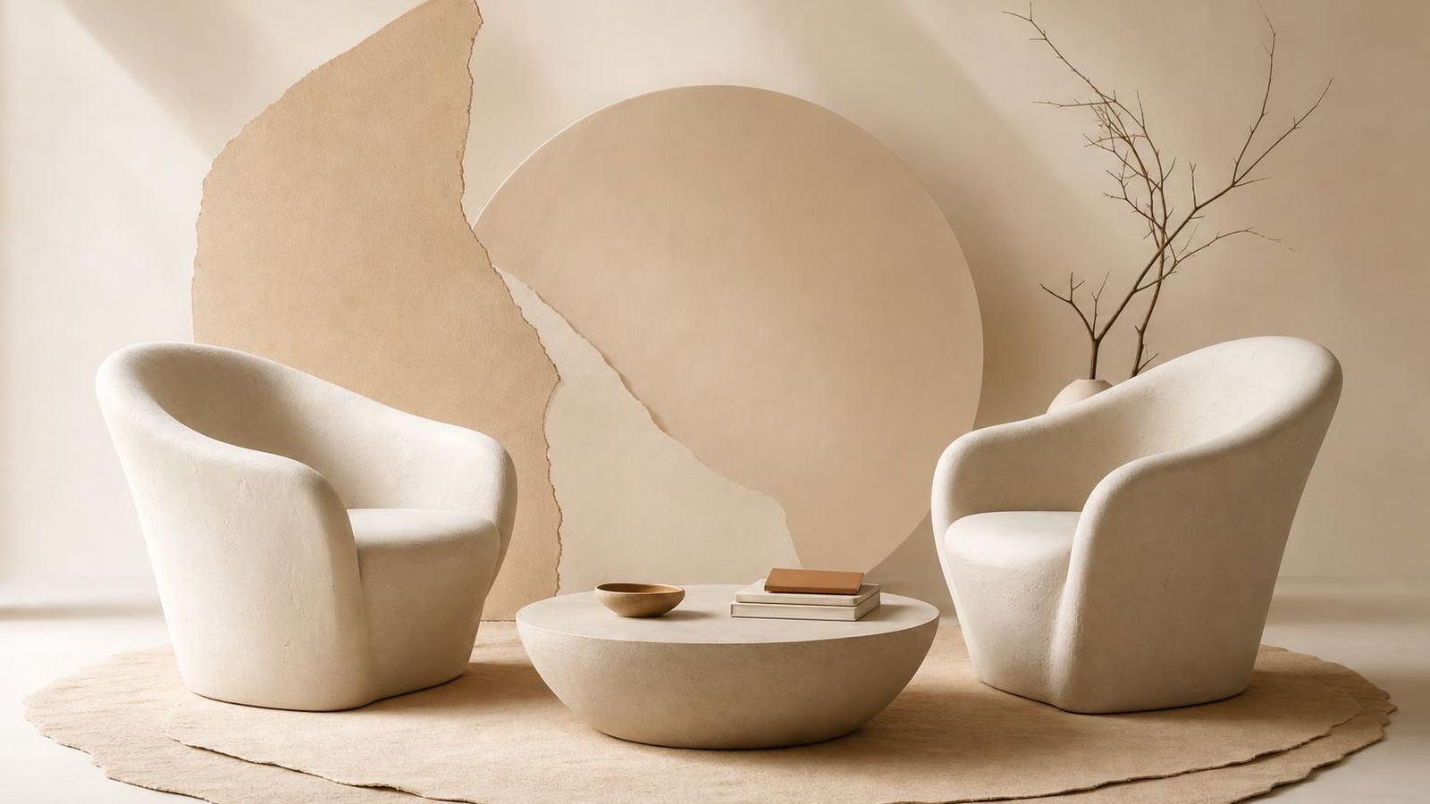 Two clay-white chairs angled towards each other with a low table between them