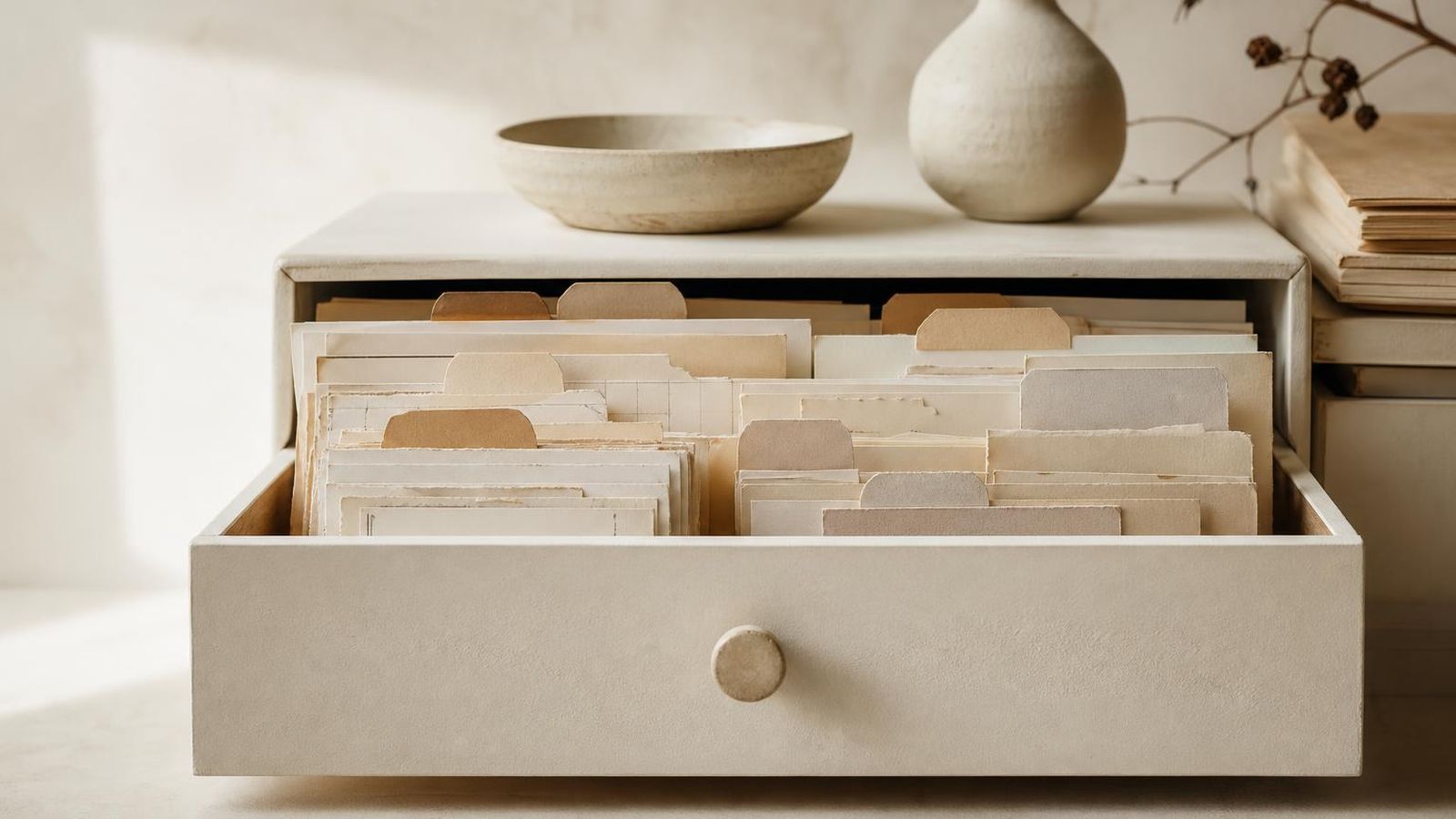 An open drawer of paper notes labelled with simple tabs