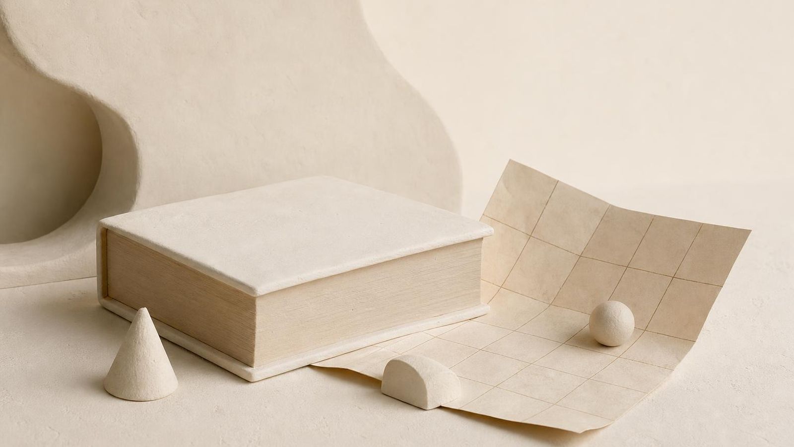 A plain notebook open to a page of simple diagrams on a paper-toned desk