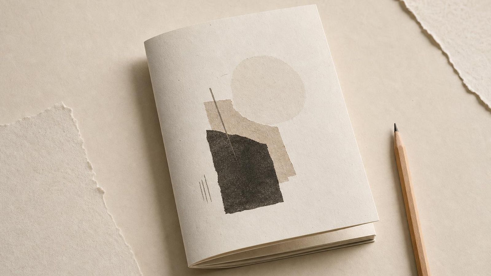 An open notebook next to a simple publishing setup on a paper-toned desk