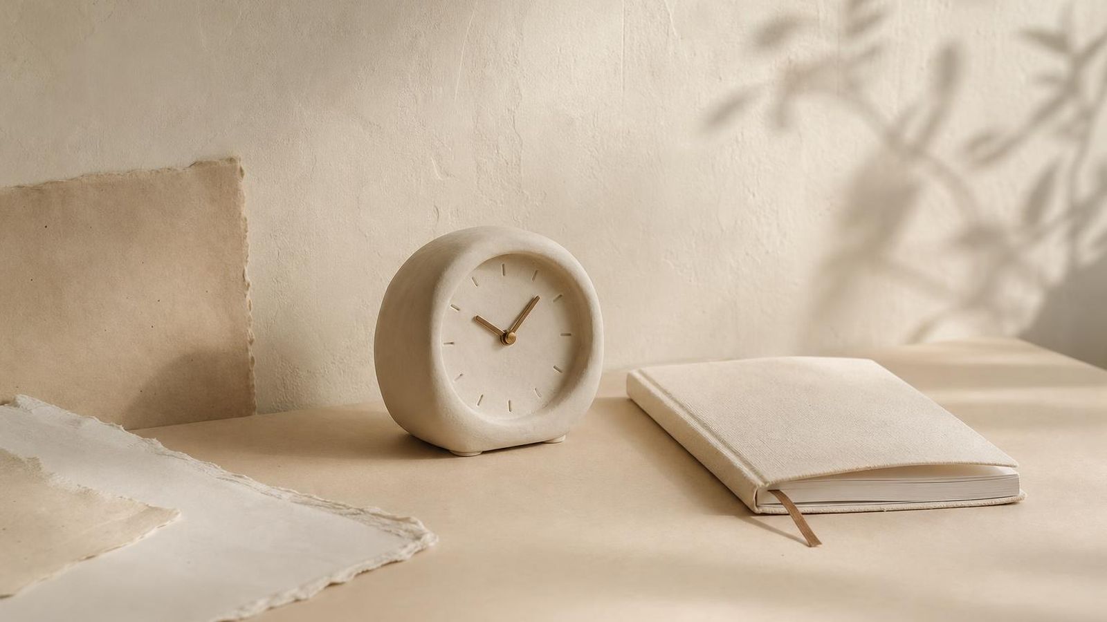 A quiet desk in early morning light with a single lamp and a plain notebook