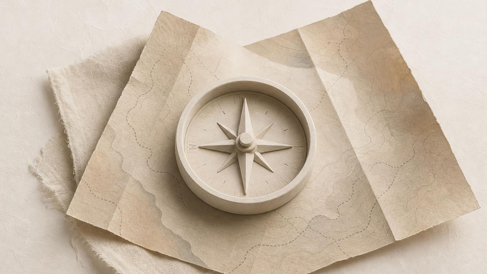 A plain compass needle pointing to a simple N on a paper-toned surface