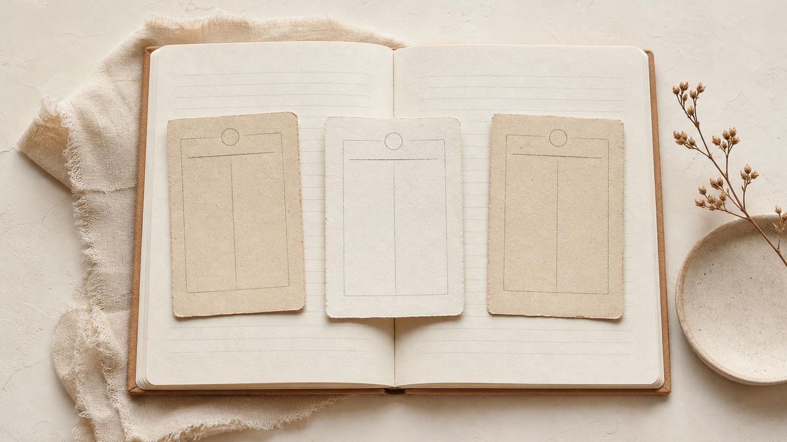 A plain open notebook with a few careful notes on a paper-toned desk