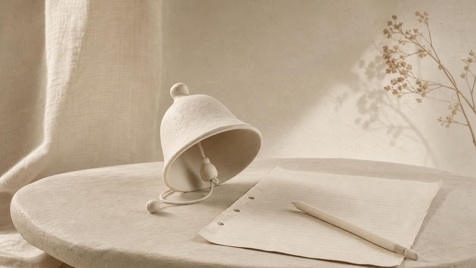 A plain paper-toned desk with a pen and an open notebook