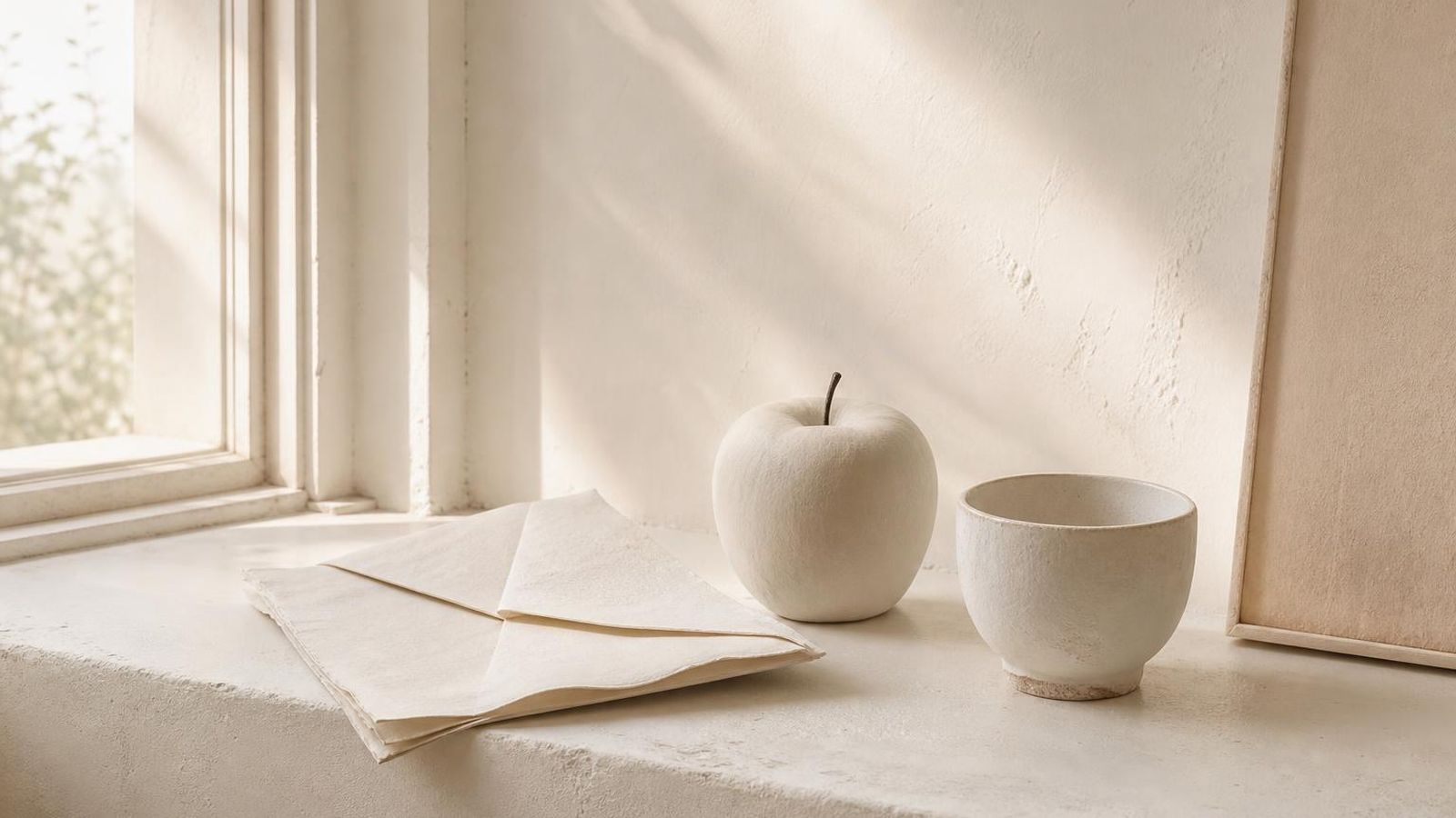 A small clay-white still life of a folded letter, an apple, and a cup on a sunlit window ledge