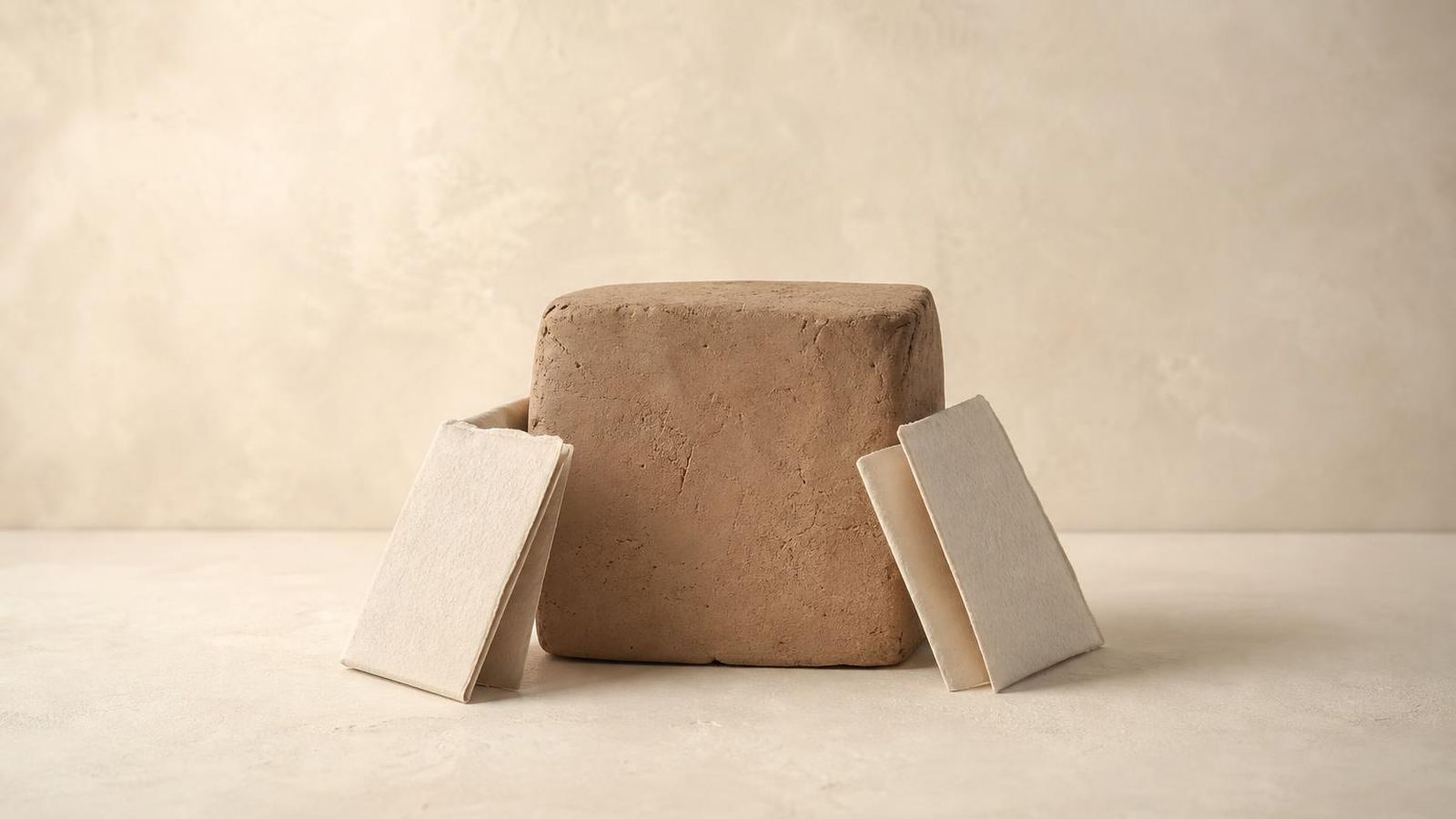 Two worn clay cups on a plain paper-toned table