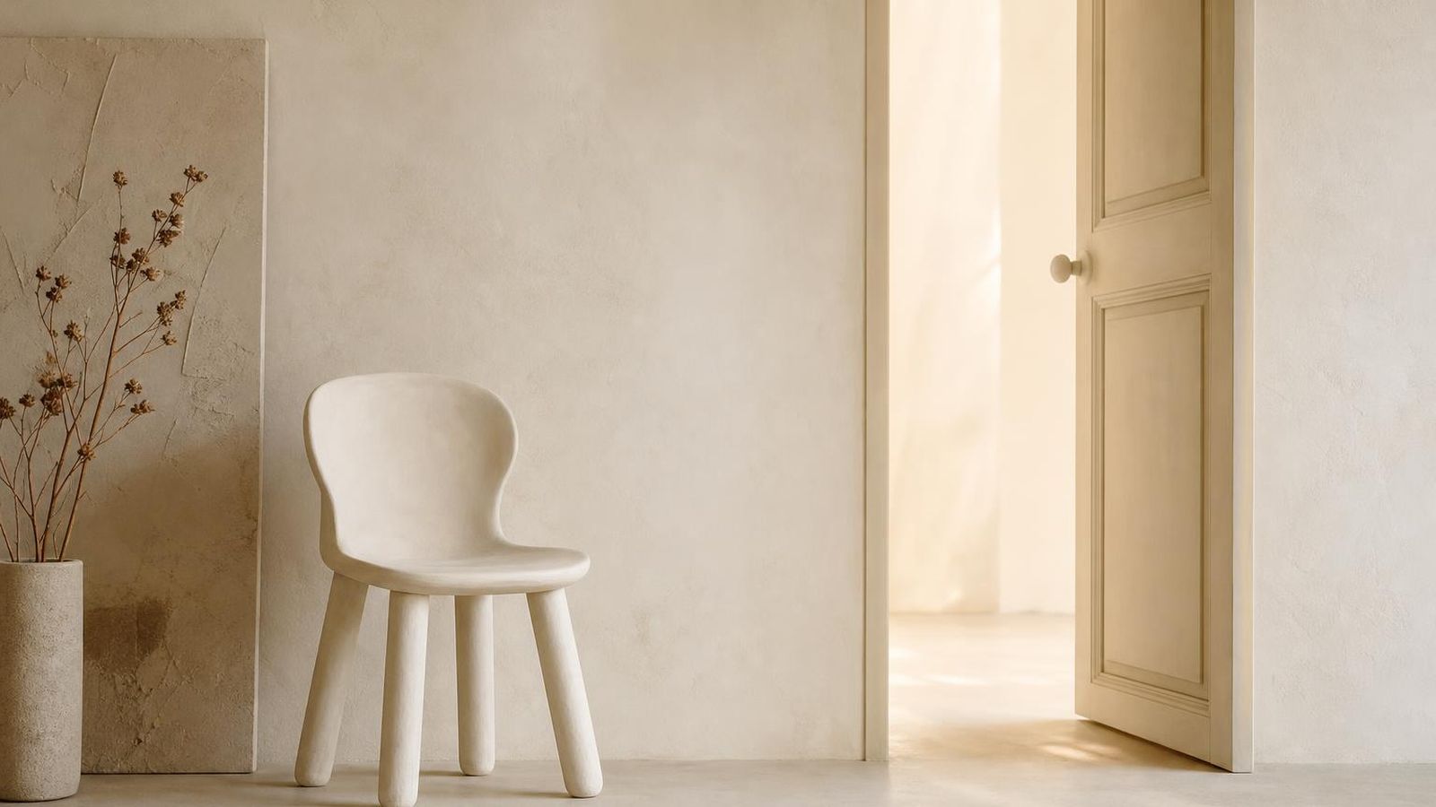 A quiet paper-toned room with two empty chairs and soft window light